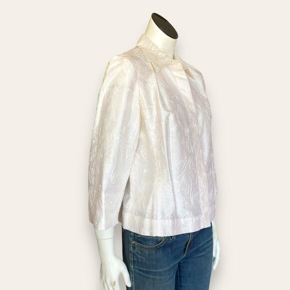 Pearlescent White/ Pink Business Causal Silk Embroidered Button Up Shirt Small - Picture 5 of 8